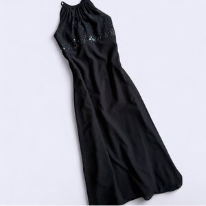Michelangelo Black Chiffon Maxi Evening Dress Beaded Formal Gown Sz 10